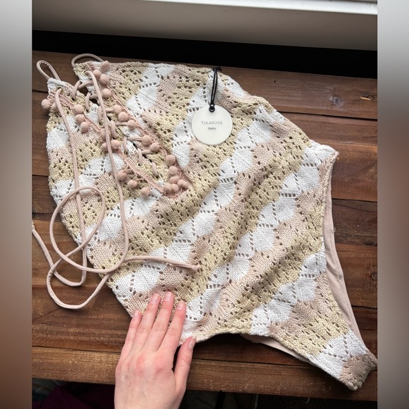 Tularosa Walker Crochet One-Piece Neutral Wavy Stripe Pom Pom Swimsuit Medium - Picture 5 of 10